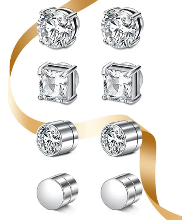 4 Pairs Magnetic Earrings for Men Women 5MM CZ Clip On Earrings | Hypoallergenic Stainless Steel Earrings for Sensitive Ears Non-Pierced Earrings Round Square Cubic Zirconia Stud Earrings - Home Improvement.
