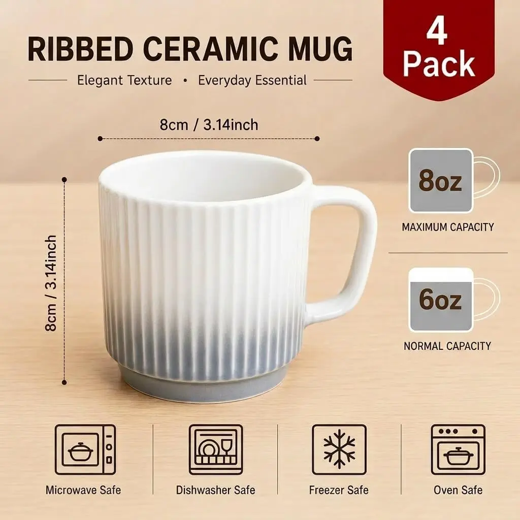 8 oz Set of 4 Stackable Ceramic Coffee Mugs For Hot Drinks Latte Cocoa Tea, For Home Office Use, Ideal Birthday Gift For Coffee Lovers Grey