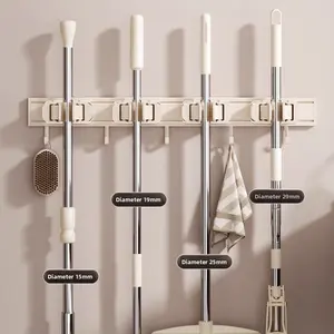 Wall-Mounted No-Drill Mop Holder with Removable Rag Hook and Storage Rack for Broom and Mop Organisation Home Improvement Bathroom Fixture Hook Organiser