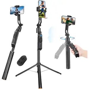 72'' Auto   Selfie Stick Tripod Stand, Auto-Open 360? Rotatable Travel Four-Legged Stand for /Android with Remote, Gesture Control, No App for Vlogging, TK