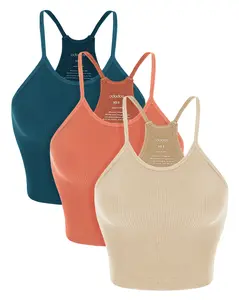 ODODOS Women's Crop 3-Pack Seamless Rib-Knit Camisole Long Crop Tank Tops