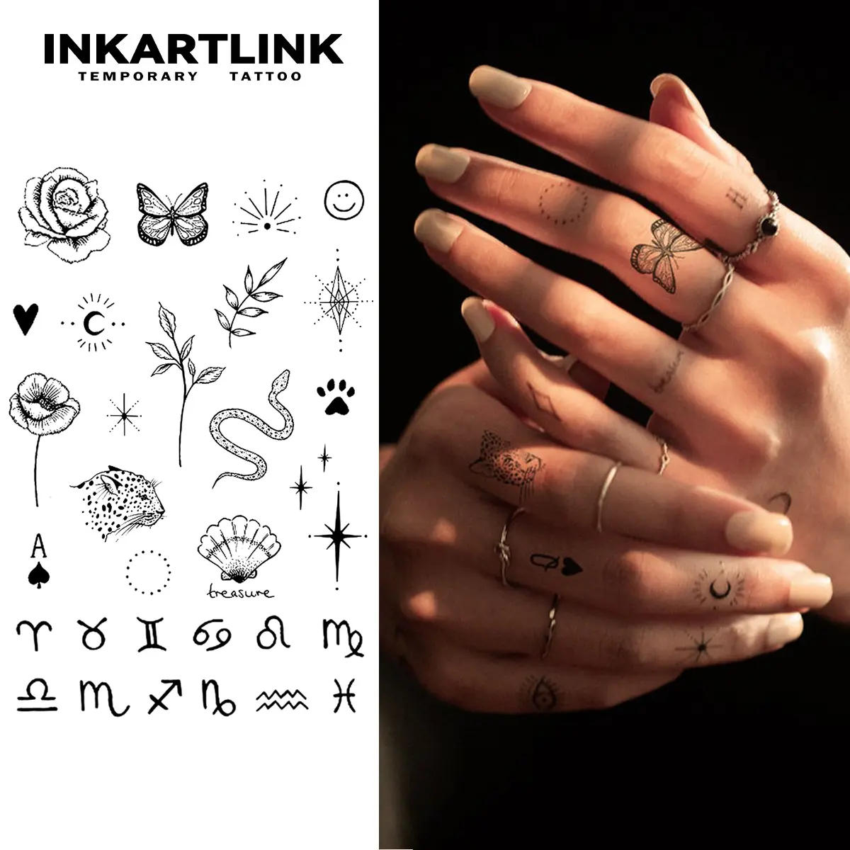 INKARTLINK 2-Piece Ephemeral Tattoos, Semi-Permanent and Waterproof Stickers with Finger Constellation & Henna Designs for Women, All Skin Types, Fake Tattoos
