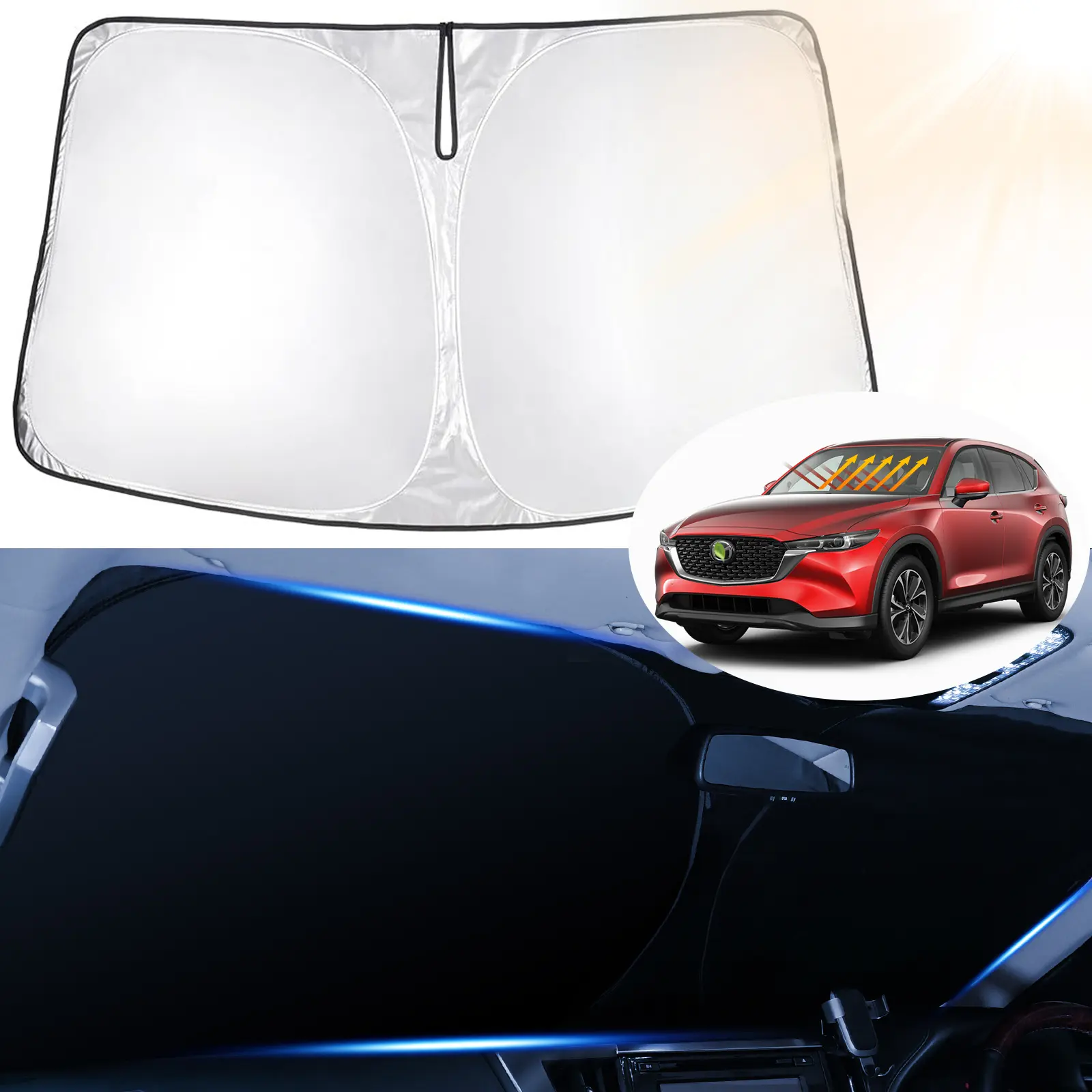 Canvcle Custom Fit Windshield Sun Shade Cover for Mazda CX-5 2017-2026, 5-Layer 240T Reflective Polyester, UV-Protective Detachable Cab Visor, Auto Shade Device, Windshield Cover Front Window, Silver Black Insulation, Shade Device Front Window