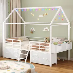 Sikaic Twin House Bed with RGB Globe String Lights, 6 Storage Drawers, Safety Guardrails and Ladder, Kids Bed Frame for Bedroom, White Summerwins
