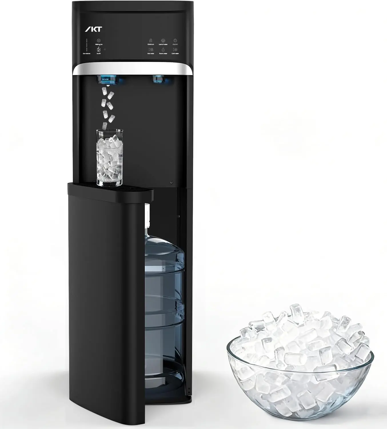 IKT Self-Cleaning Bottom Loading Water Dispenser with Nugget Ice Maker, 33lbs Ice/24H, Hot & Cold 5 Gal, Child Safety Lock, Water Shortage & Ice Full Indicator, Black, Ideal for Home, Office
