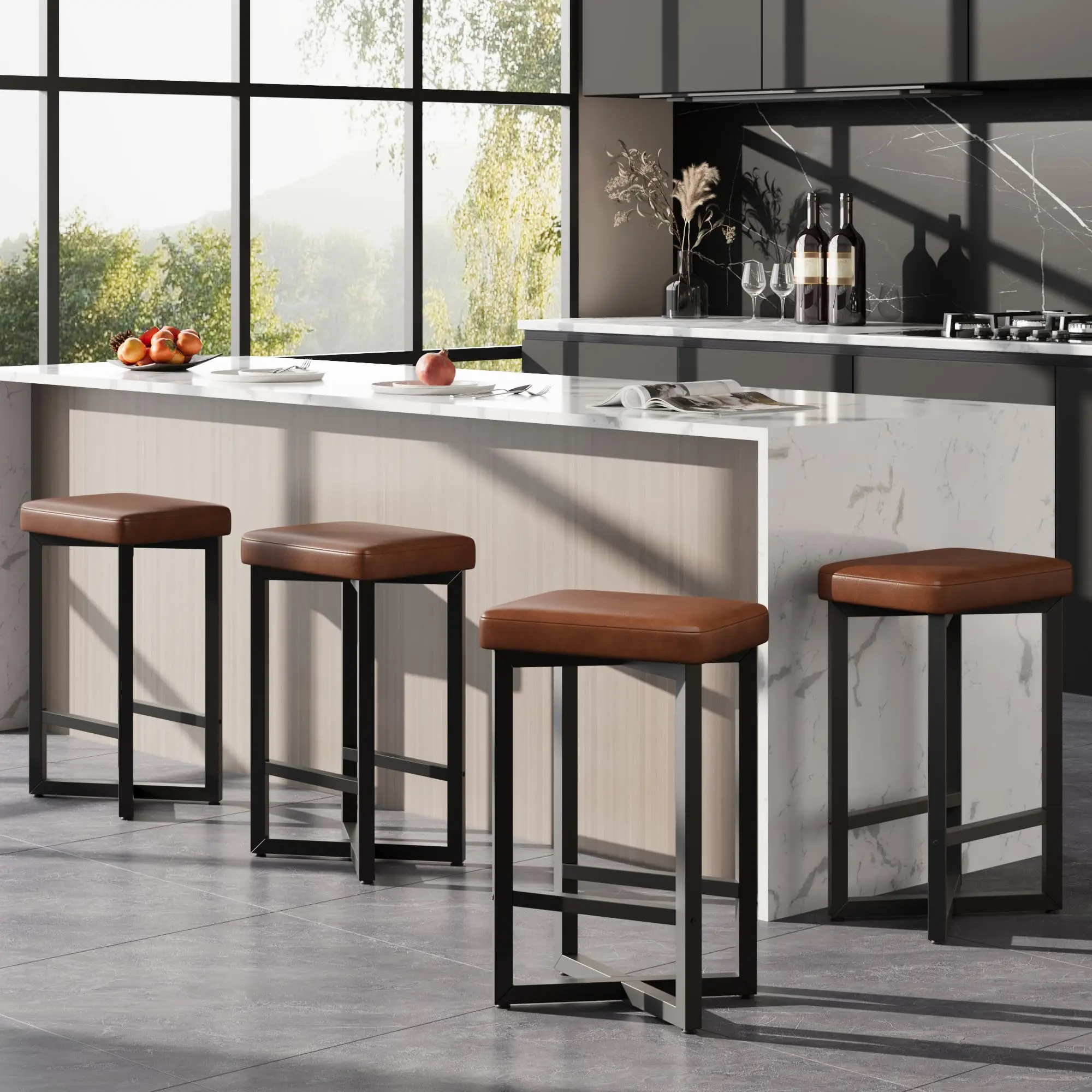 Summervibes Flash sale home items Modern Comfort Bar Stools Set of 4 – 24.6" Counter Height, Backless, Upholstered PU Leather, Metal X-Frame & Footrest – Durable Seating for Kitchen, Dining Room, Home Bar