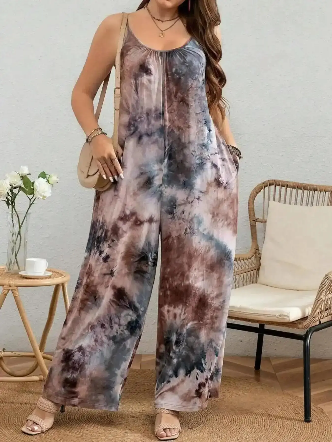 Tie Dye Print Pocket Backless Cami Fitted Jumpsuit, Bohemian Casual Sleeveless Spaghetti Strap Jumpsuit for Beach Vacation Holiday, Women's Plus Fashion Clothing for Summer, Casual Comfy Jumpsuit, Comfortable, Feminine