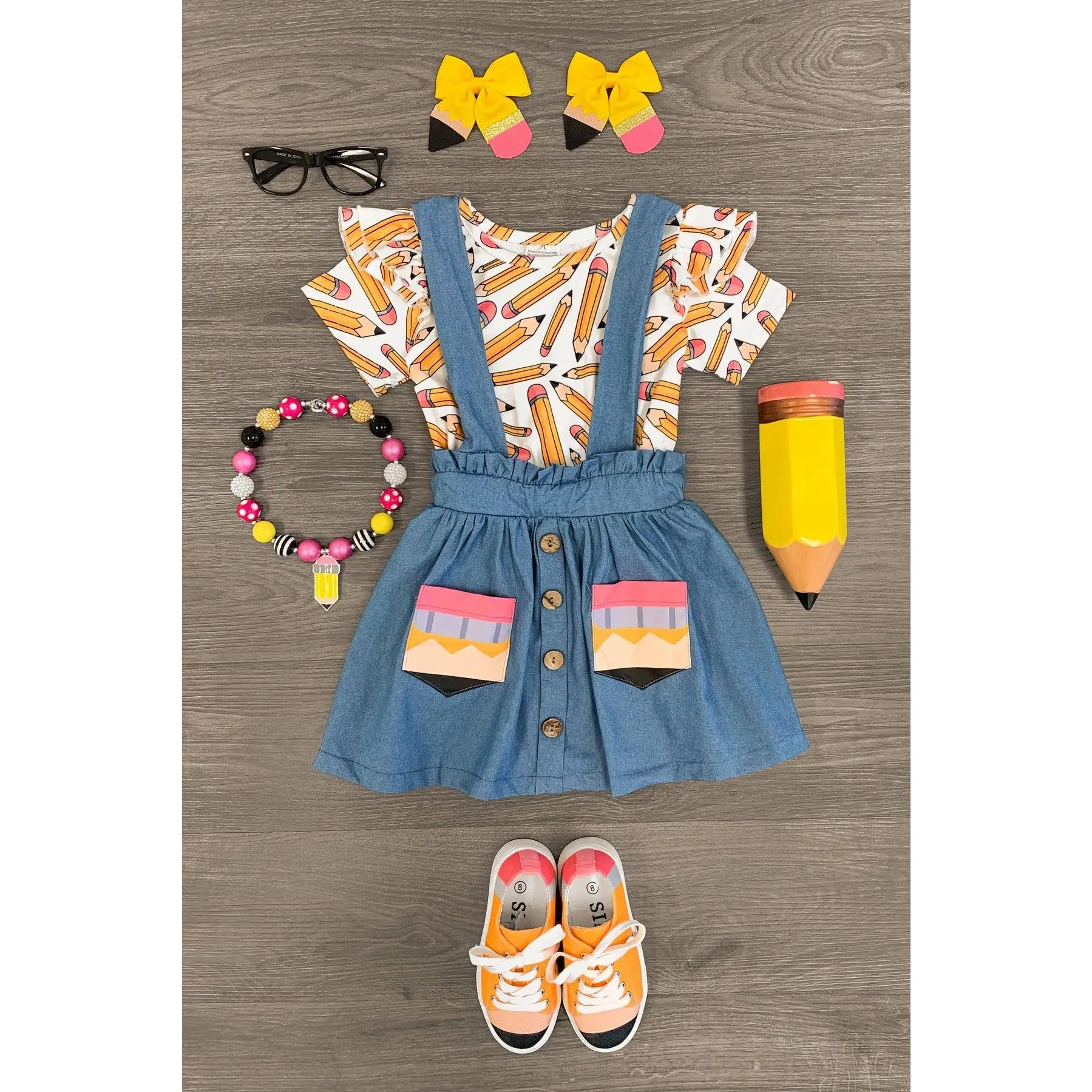 Kids Clothing Girls White Pencil-Chambray Suspender Skirt Set