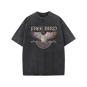 Free Bird Print Acid Washed Shirt, Comfort Colors TShirt,Old School Loose Fit T-shirt Retro Music Shirt Rock Tops Women's Crew Neck