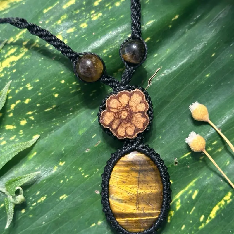 Ayahuasca & Tiger Eye Amulet - Amazonian Focus Hand-Knotted Necklace with Authentic Ayahuasca Vine & Turquoise Gemstone for Healing and Protection