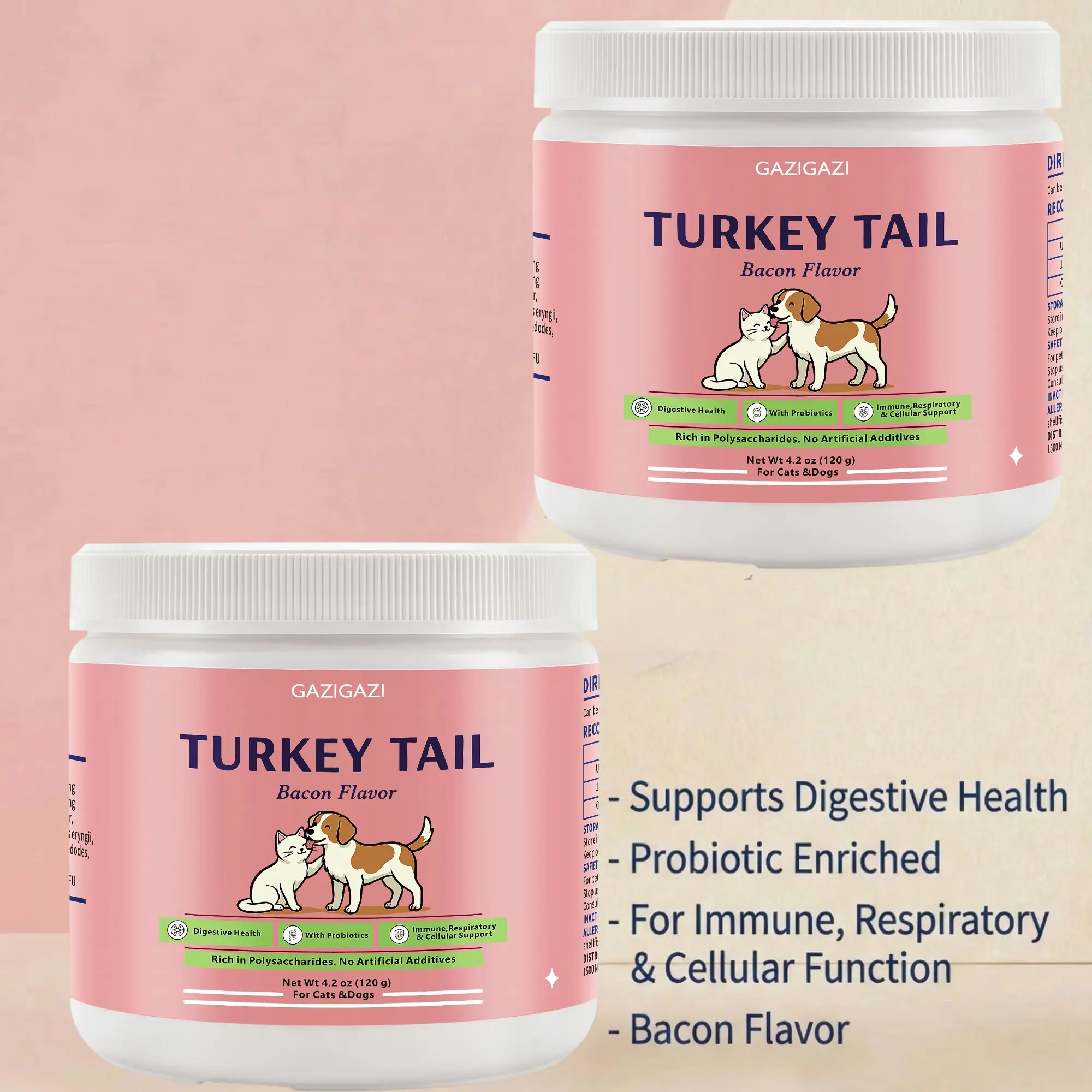 2 Packs GAZIGAZI Turkey Tail Mushroom Supplement for Dogs – 3-in-1 Wellness with Probiotics, Natural Immune & Gut Health Support, Bacon Flavor,  dog  supplements dog salmonoil dog probiotic vitamins  for  pets snacks  saludables