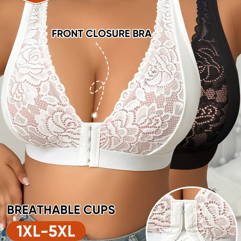 2-Pack MEIYATING Women's Bras, Feminine, Casual, Full Coverage Large Size, Thin Cup, Soft Breathable, Fit, Lace Pattern Buckle, Everyday, All Seasons Lingerie Underwear