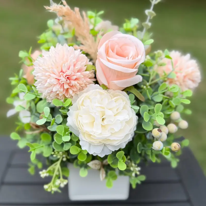Decorative Peach and Cream Floral Centerpiece, Faux Roses & Dahlia Arrangement in White Ribbed Planter, All-Year-Round Home Decor Artificial Mixed Flowers