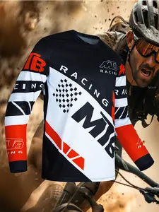 Motorcycle Off-Road Long Sleeve Shirt, Athletic Shirt, Sporty Fitted Design, Random Print Pattern, All Seasons Wear, Moderate Fabric Thickness