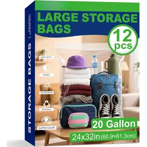 12PACK 20 Gallon  Zipper Plastic Bags for Storage 24'' x 32'', Clear Zipper Bags  for Clothes,  Moving, Travel, Camping, Thick 6 Mil