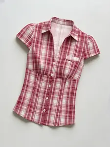 Women's Maroon Plaid Shirt Short Sleeve Comfortable Fashion Trendy Office Wear Intellectual Vintage Sexy Y2K Slim Fit Casual Daily Innerwear