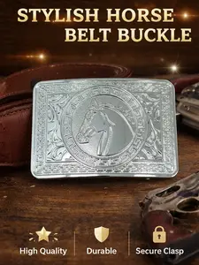 Silver Horse Head Metal Belt Buckle – Western Cowboy Engraved Statement Buckle