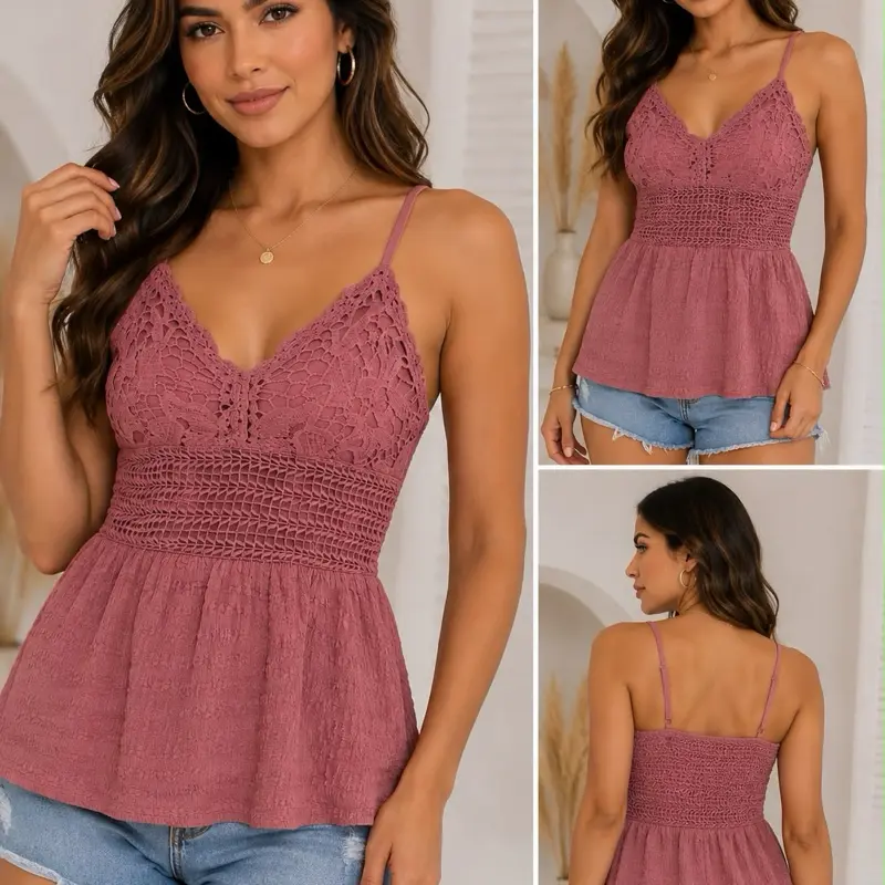 Women’s Lace Smocked Babydoll Cami Tank Top – Dusty Rose Sleeveless Summer Blouse