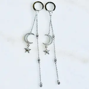 Elegant Moon & Star Dangle Earrings - Long Chain Design, Rhinestone Accents, Fashion Jewelry for Women. Silver 925