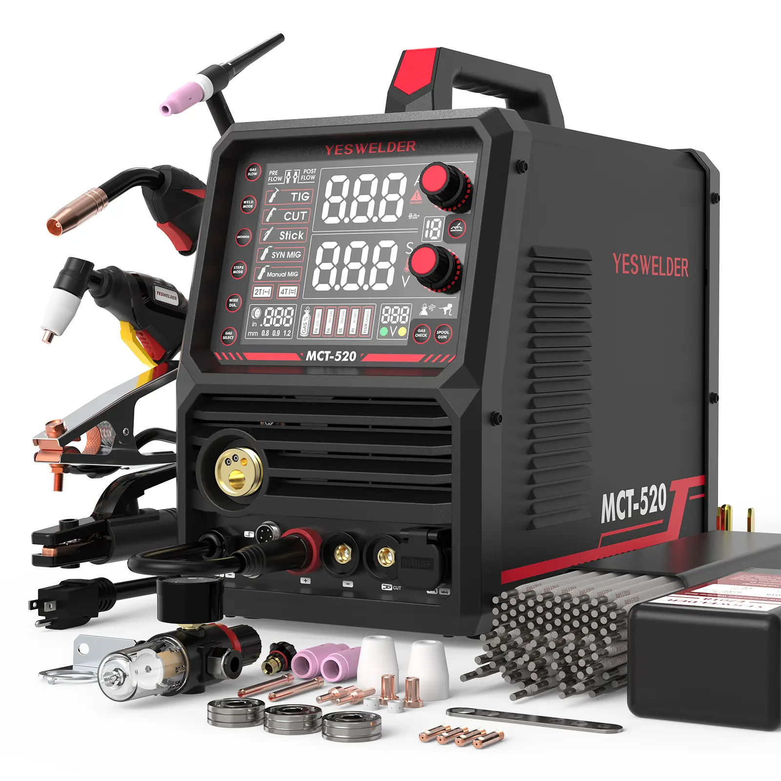 YESWELDER MCT-520 110/220V Welder & Welding Rods | MIG/Flux Core/HF CUT/HF TIG/Stick/Aluminum Spool Gun 6-In-1 Welding Machine | 200A MIG TIG MMA & 50A CUT