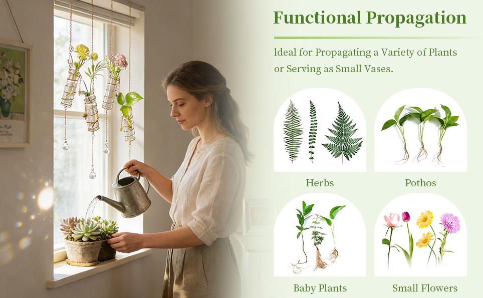 Glasseam 4Pcs Hanging Propagation Stations with Crystal Suncatchers, Glass Tubes Jars with Metal Chain Glass Wall Planters for Indoor Plants Hydroponics