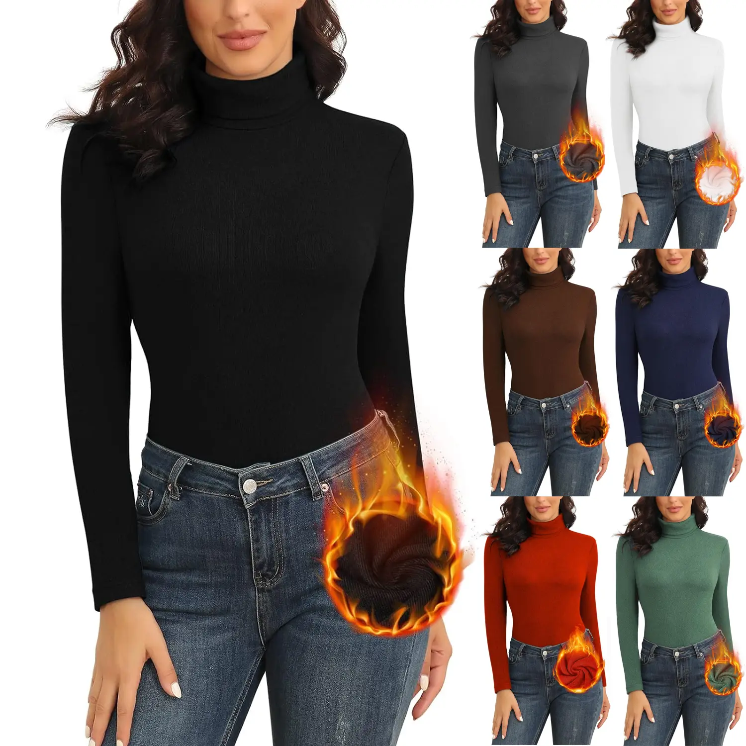 Women's Thermal Turtleneck Top, Comfortable Fleece-Lined Long Sleeve Shirt, Stretchy Brush Warm Viscose Winter Base Layer