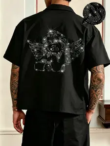 Men's Shiny Rhinestone Angel Back Print Short Sleeve Shirt, Loose Fit Casual Collar Shirt, Trendy Street Style