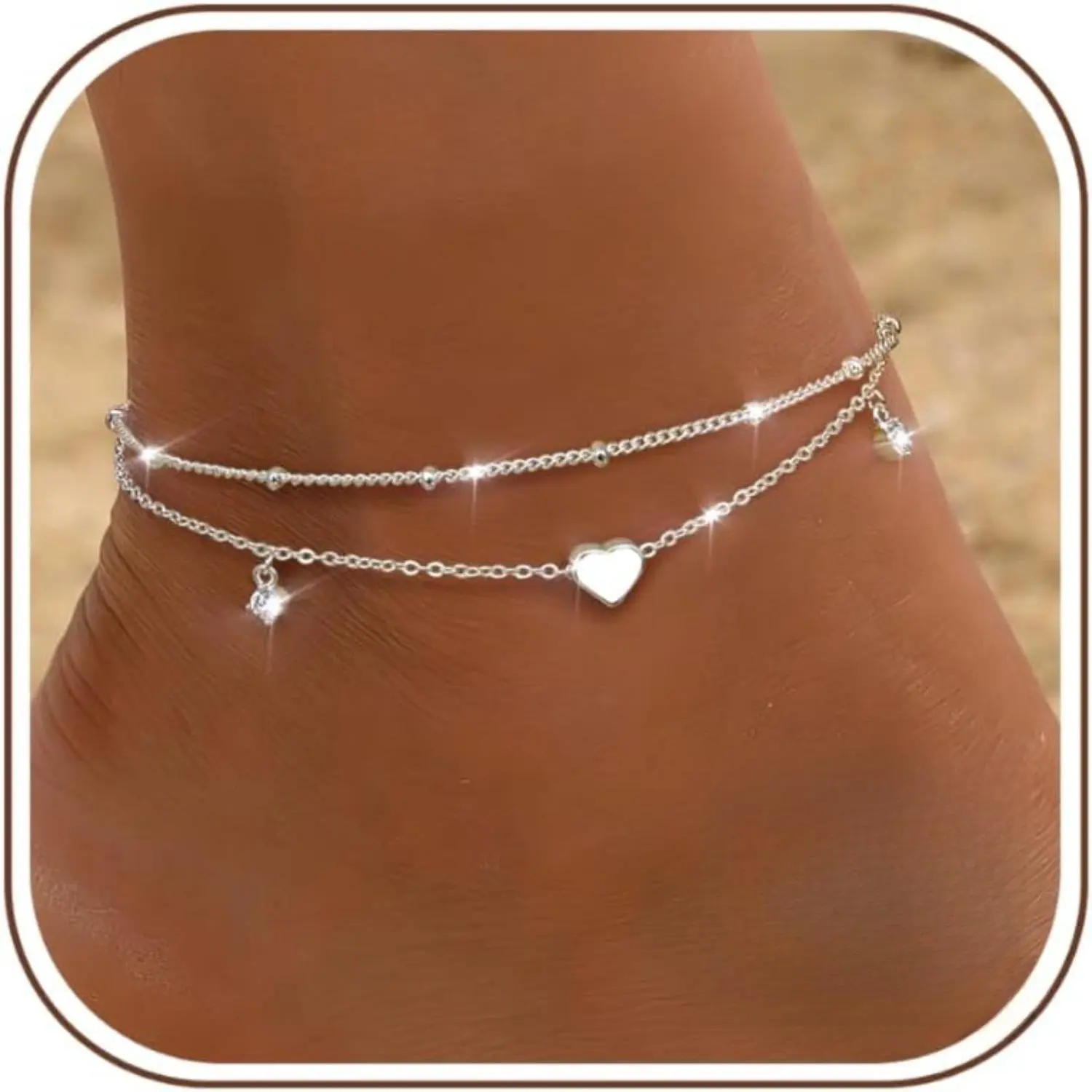 CASSIECA Adjustable Layered Anklets for Women, Waterproof Butterfly Beaded CZ Heart Ankle Chains Suitable for Beach Wear SummerVibes, Foot Jewelry, Beach Charm Anklets