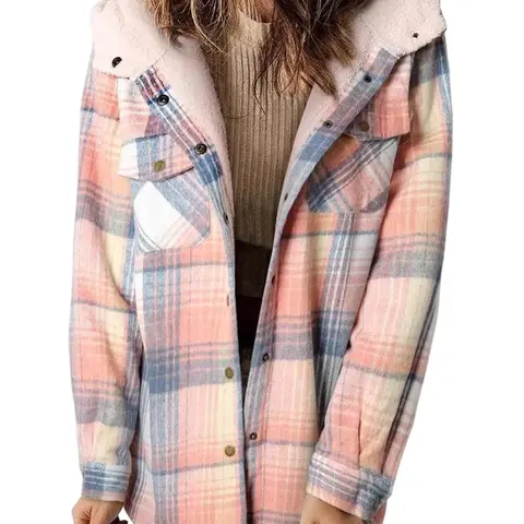 QKU Women's Polyester Quilted Plaid Hooded Jacket - Retro Loose, Long-Sleeved, Soft Vintage, Fitted Tweed Outerwear for Autumn Winter - Women's Clothing, Tops