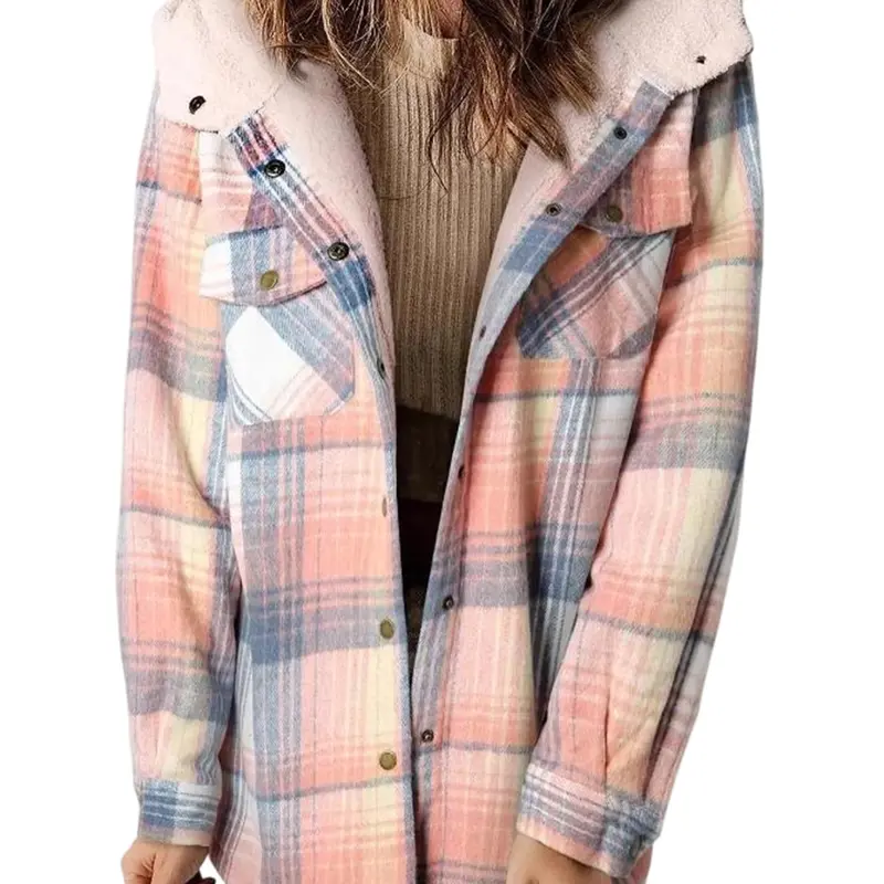 QKU Women's Hooded Plaid Shacket Jacket, Fleece Lined Warm Flannel Shirt Coat, Casual Loose Fit Long Sleeve Button Down Outerwear with Pockets for Fall Winter,sohochic
