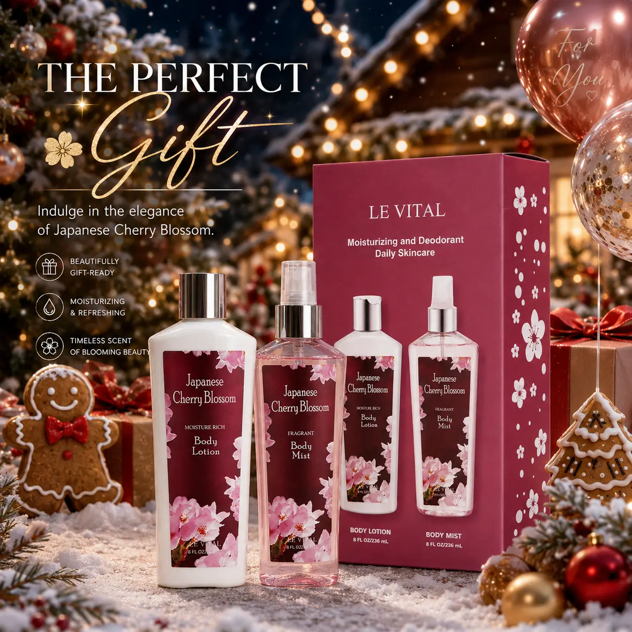 Vital Luxury Japanese Cherry Blossom Gift Set for Women - 3-Piece Hydrating Body Care Bundle with Body Lotion & Shower Gel, Floral Mist (236ml), Gift Guide For Her, Moisturizing