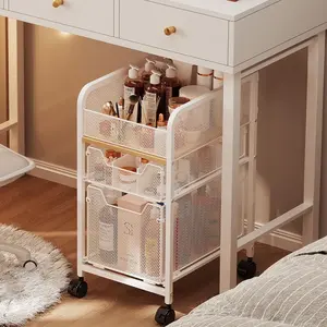Rolling Makeup Cart Organizer with 2 Drawers Narrow Floor Skincare Organizer Vanity Cosmetics Display Case Holder for Skin Care Nail Polish Perfume Makeup Brush White Ideal for Bedroom Vanity