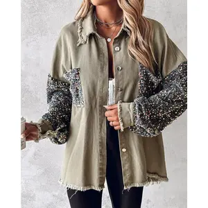 Luxury outerwear shacket with contrast sequins and raw hem; sequin shacket; collared women’s corduroy plaid shirt; women’s double-breasted lapel coat; oversized cut denim bomber jacket