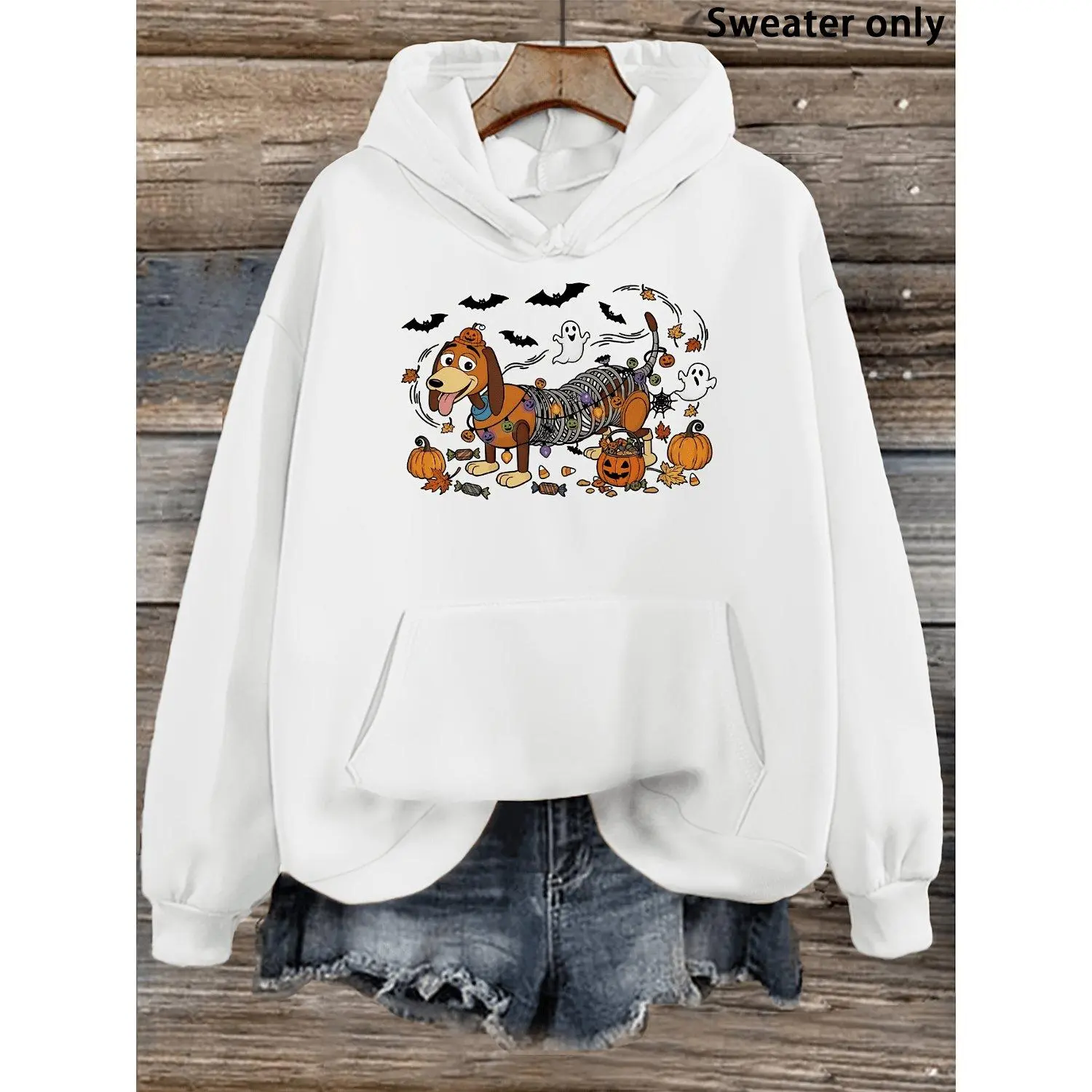 Halloween Dachshund Dog Hoodie Sweatshirt with String Lights Pumpkins Ghosts Bats Pattern Funny Festive Style Novelty Pullover Casual Cozy