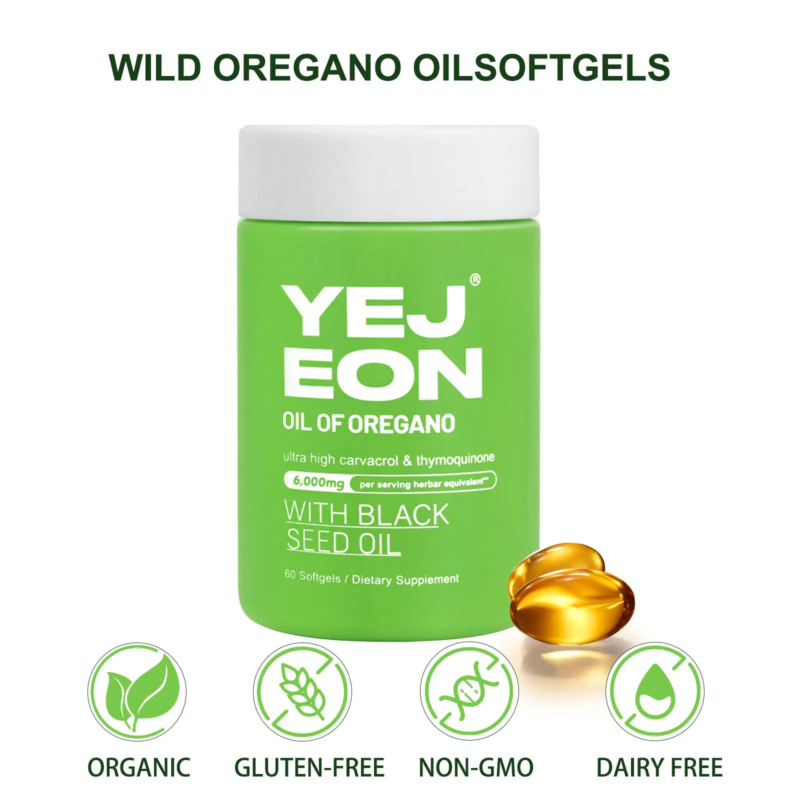 YEJEON Oregano Oil with Black Seed Oil—Immune Repair, Detox, Anti-Inflammatory, Eases Bloating — 60 Softgels