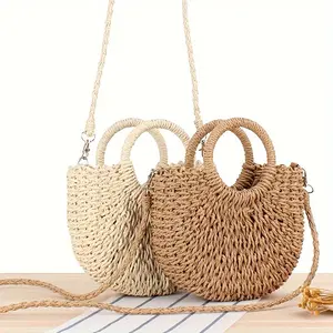 Mini Semi-circle Rattan Straw Bag, Hand-woven Women Summer Retro Beach Tote Shoulder Bag Crossbody Travel Beach Bag Purse
