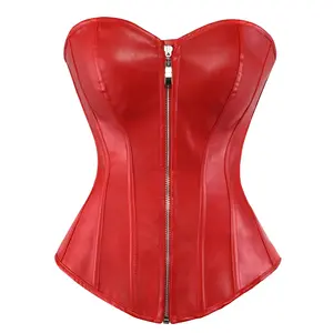 Bengup Faux Leather Red Corset Top Steampunk Waist Cincher Bustier for Women Halloween Costumes Overbust Womenswear Minimalist Shapewear 2803-Z1