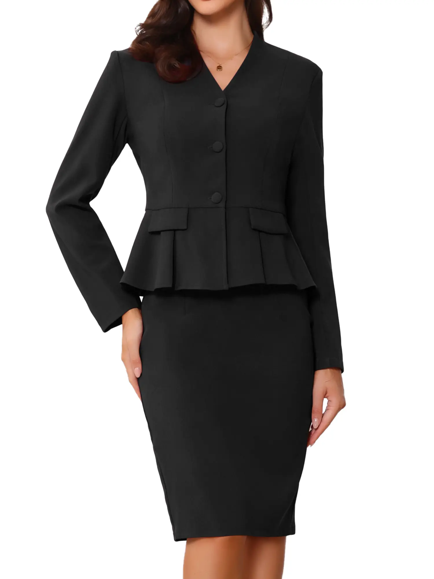 INSPIRE CHIC Business 2 Piece Suit Set, Long Sleeve Collarless Peplum Blazer and Pencil Skirt