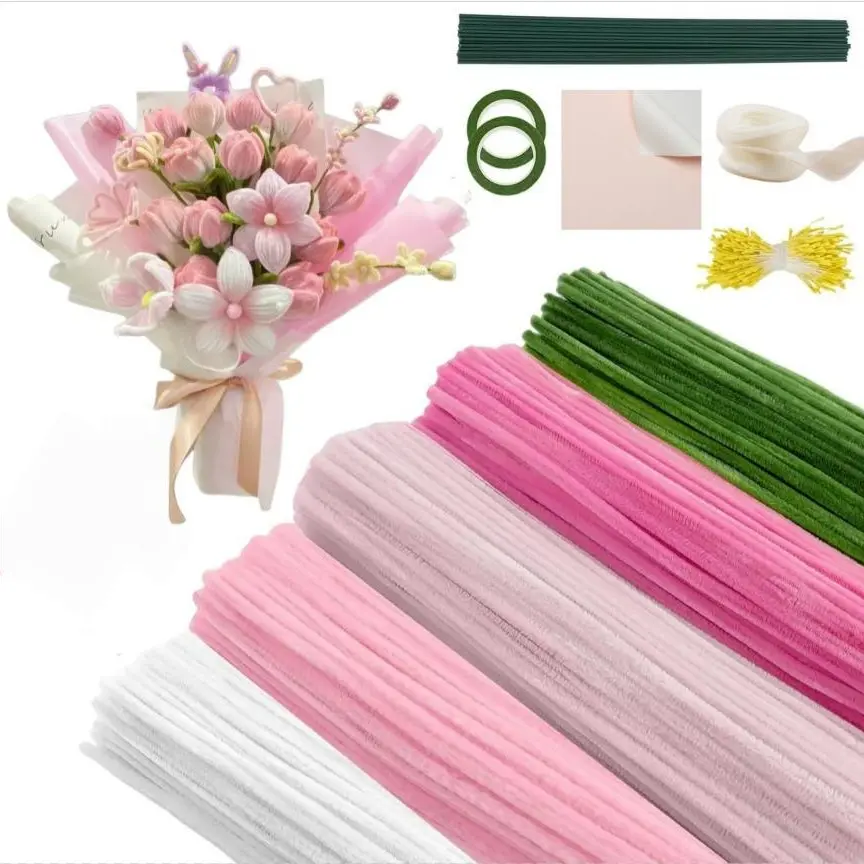500 Piece Pipe Cleaner Flower Kit, Decorative Artificial Flowers, Artificial Mixed Flower, 5 Colors, Chiffon Stem, Stamen, Ribbon, DIY Graduation Gift, Wedding Bouquet, Flower Arrangements, Party Decor, Desktop Accessory