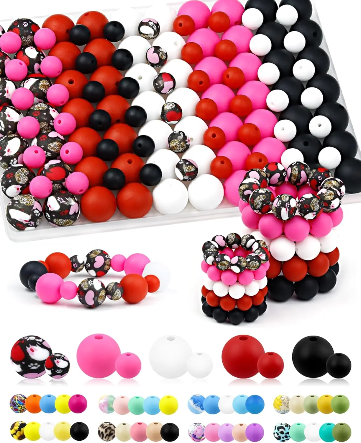100PCS FIVEIZERO Silicone Beads for Keychain Making, 9mm & 15mm Red Pink Black Mixed 5 Colors Silicone Focal Beads for Bracelets, Beadable Pens and DIY Crafts