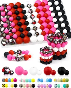 100PCS FIVEIZERO Silicone Beads for Keychain Making, 9mm & 15mm Red Pink Black Mixed 5 Colors Silicone Focal Beads for Bracelets, Beadable Pens and DIY Crafts