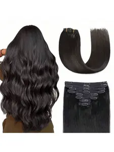 8pcs Remy Human Hair Extensions Clip Ins Glueless Clip In - Long Straight Double Weft Invisible Seamless Clip On Hair Extensions for Natural Look and Volume,Can be curled and styled, 16-28 Inch 1B Natural Black