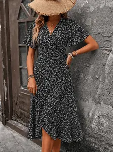 Women's Casual Floral Wrap Long Dress - Lady's Clothes, Elegant V-Neck, Flutter Sleeves, Ruffled Mid-Length, Flowy Bohemian Style for Summer Beach Vacations