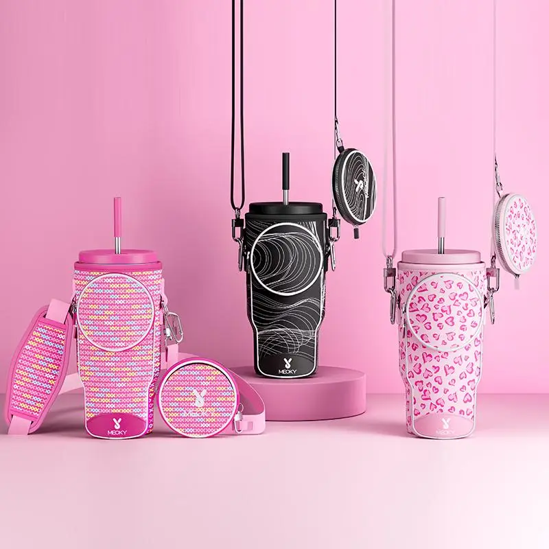 【Meoky 】Water Bottle Carrier Bag with Phone Pocket for 40 oz Tumbler with Handle, Neoprene Water Bottle Holder Pouch with Adjustable Strap, 2 Carabine