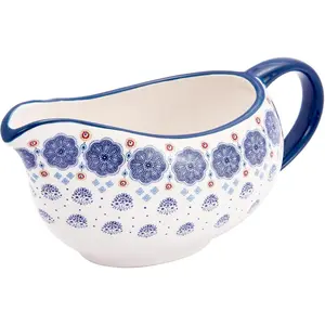 Blue Talavera 14 oz Gravy Boat with Large Handle, Ceramic Sauce Boat for Creamer, Salad Dressings, Broth, Black Pepper Sauce
