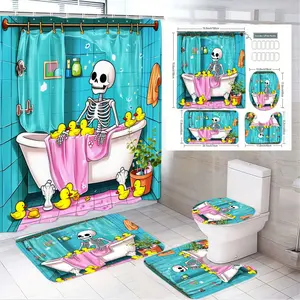4pcs Playful Skeleton Bathtub Shower Curtain Set, Includes Rubber Ducks, Towel, Toilet Seat Cover & Bath Mats, Bathroom Decor