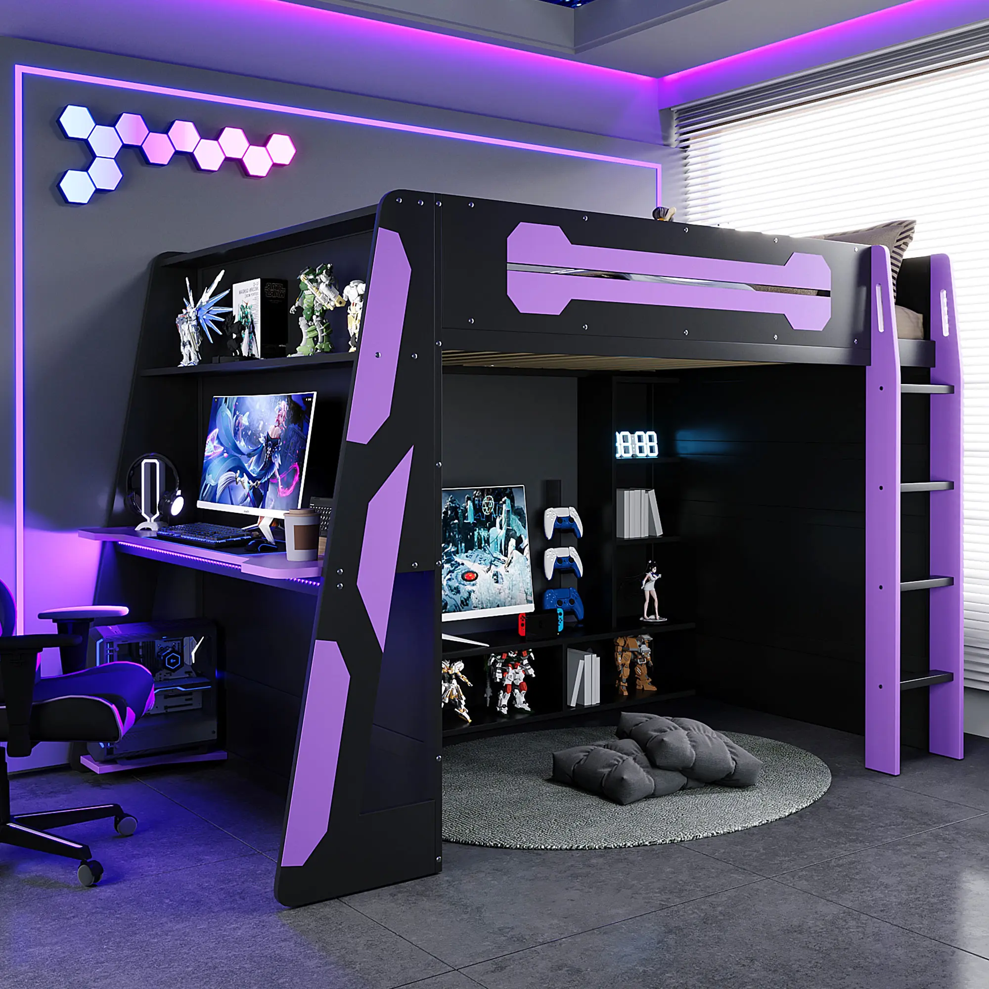 Full Size Wood Loft Bed with Desk, Shelves, and RGB Light – Purple Gaming Frame for Bedroom or Dorm