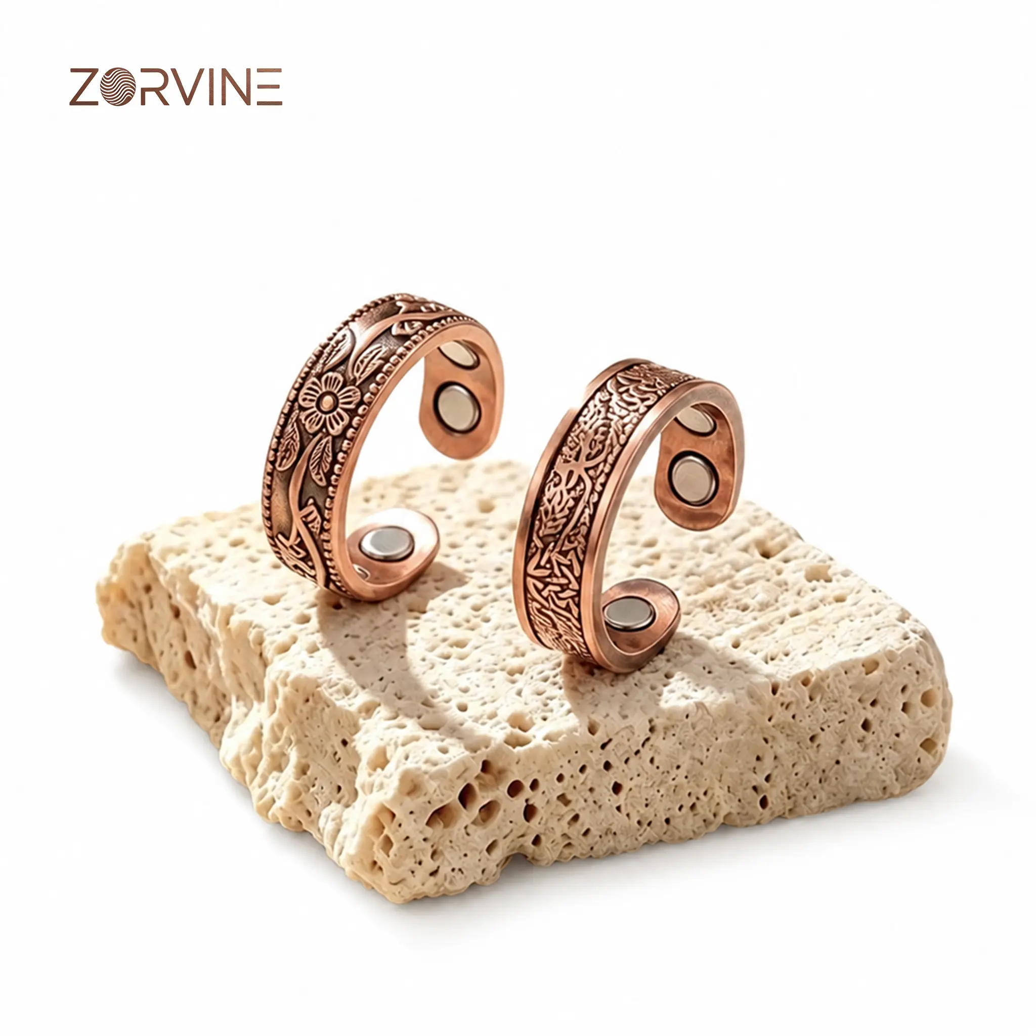 (2 pcs)Copper Couple Ring Stack, 99.9% Pure Copper Magnetic Therapy Adjustable Vintage Handmade Promise Rings with 3500 Gauss Magnets, Flower-Tree Engraved Tree Of Life Style, Couple Gift Ideas for Anniversary