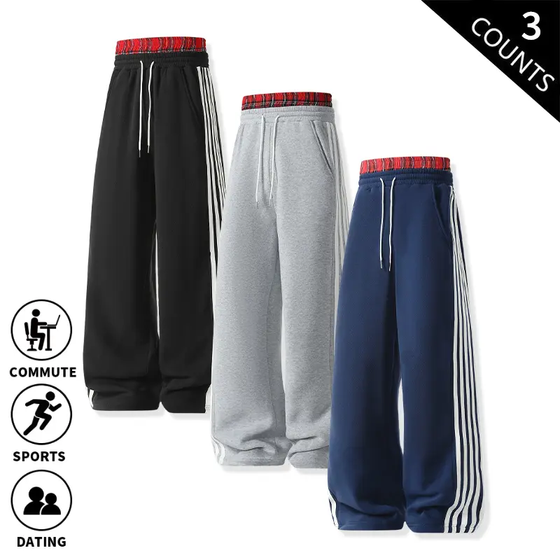 Men’s side-striped sweatpants, 3-pack, soft knit fabric, wide-leg loose fit with drawstring, suitable for autumn and winter wear—ideal for commuting, sports, and dates, featuring a retro street style.