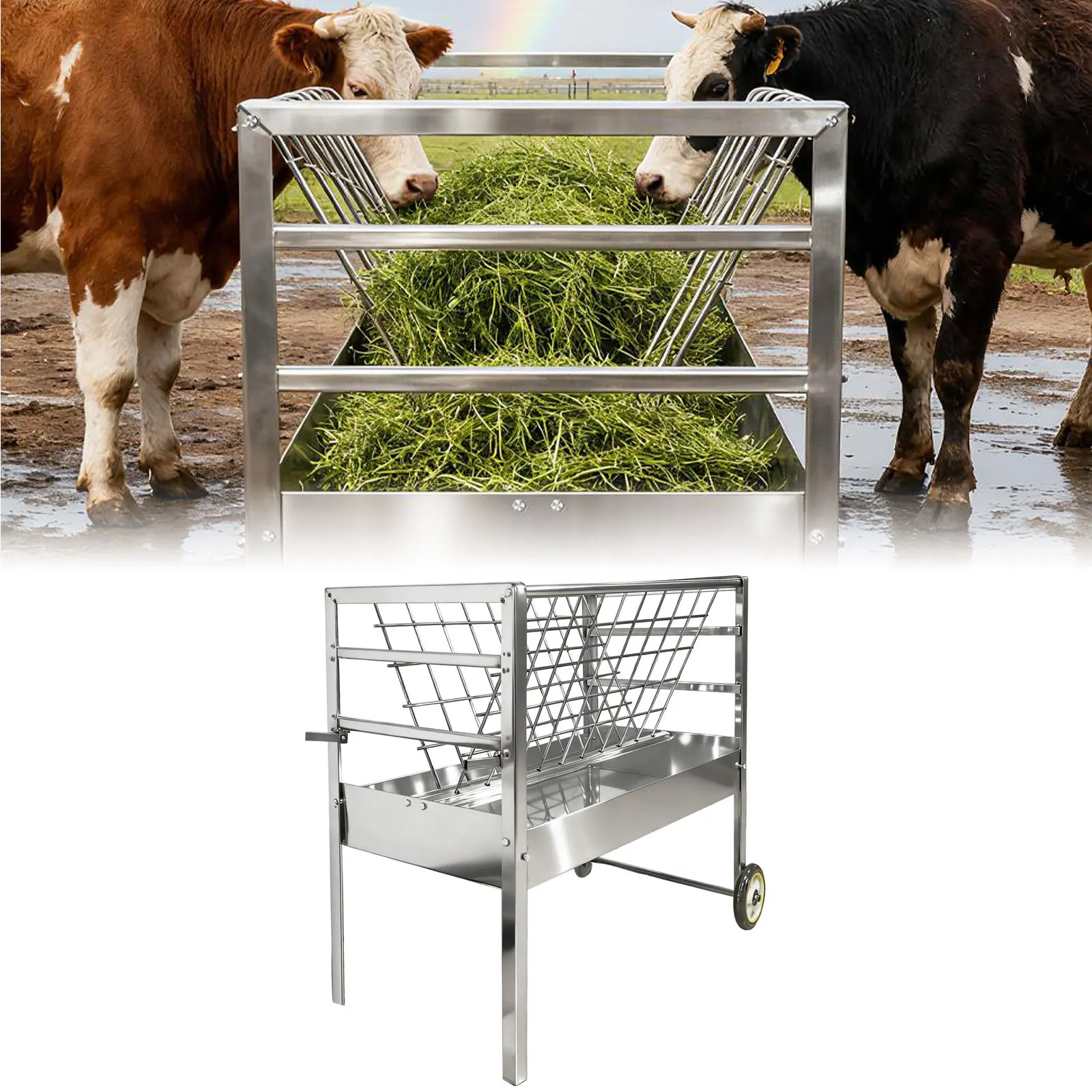 2-in-1 Galvanized Steel Sheep Feeder, Thick Metal Grid Design, Heavy-Duty Wheels for Mobile Use, Dual 2-Tray Feeding, Young Animal Protection, Ideal for Outdoor Farm Livestock Hay & Grain Feeding, Easy Mobility